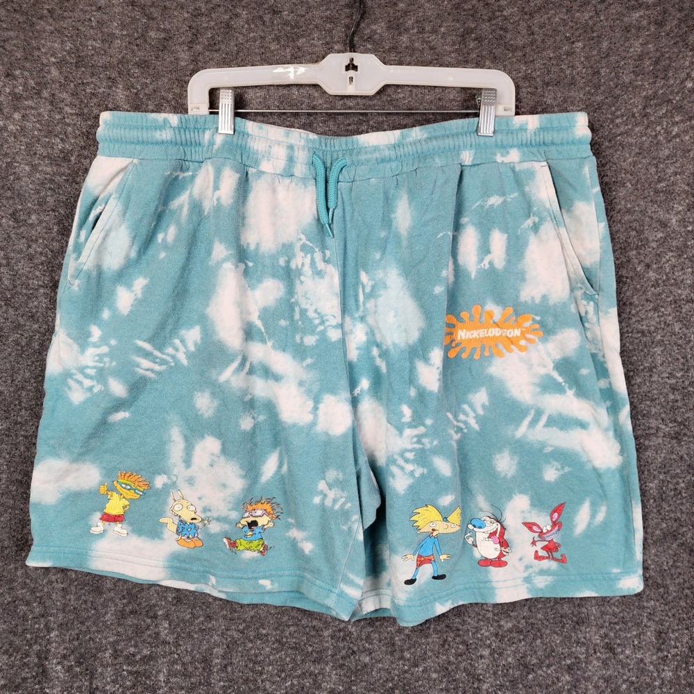 Nickelodeon Sweat Shorts Men 3XL Teal Tie Dye 90s Cartoon Characters Graphic